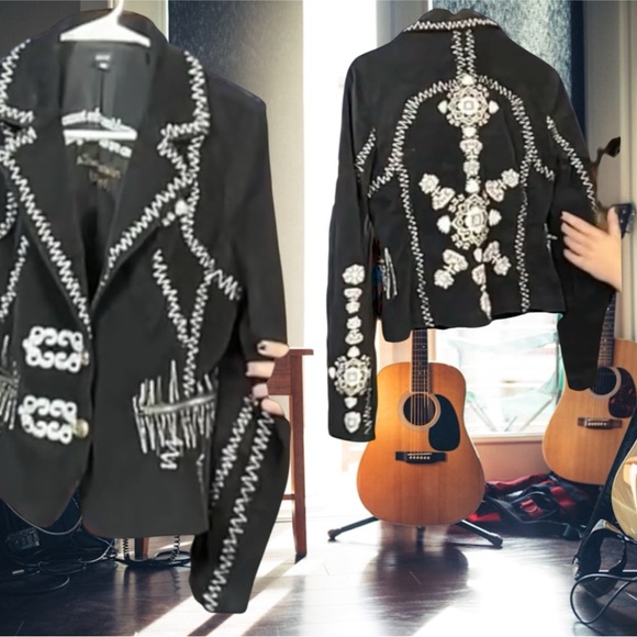 Mariachi style Embroidered Black/White Horse Riding Jacket Fitted Women Vintage - Picture 1 of 8